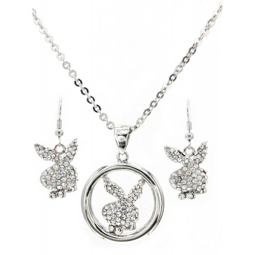 Rhinestone Bunny w/ Circle Necklace + Earring Set - NE-NB08CL