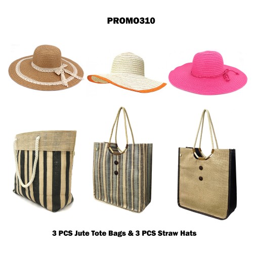 Discount Package: 6 Pieces Jute Totes and Hats Assorted Pack  - PROMO310