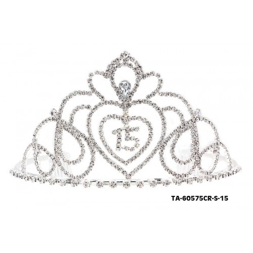 Tiara w/ Side Comb - 15th Birth Day Clear Crystal Stones - TA-60575CR-S-15