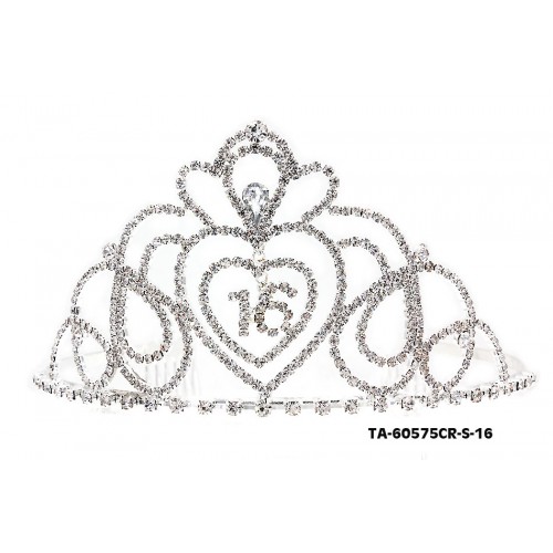 Tiara w/ Side Comb - 16th Birth Day Clear Crystal Stones - TA-60575CR-S-16