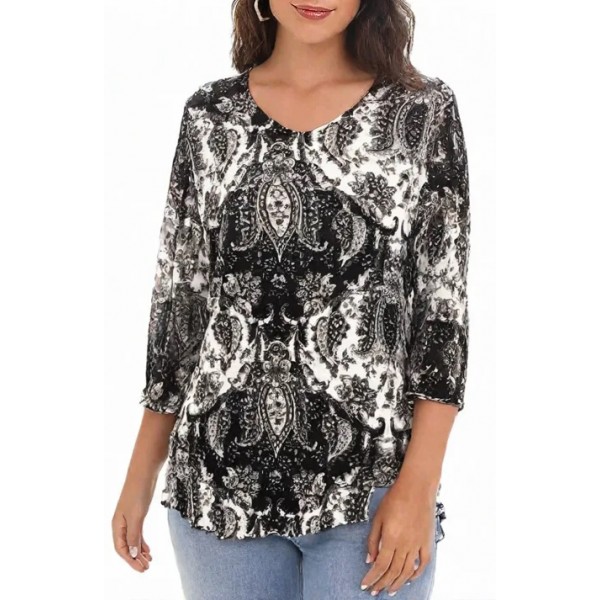 Merrow Top with 3/4 Sleeve, Paisley Print – Black & White - ATP-MT9501