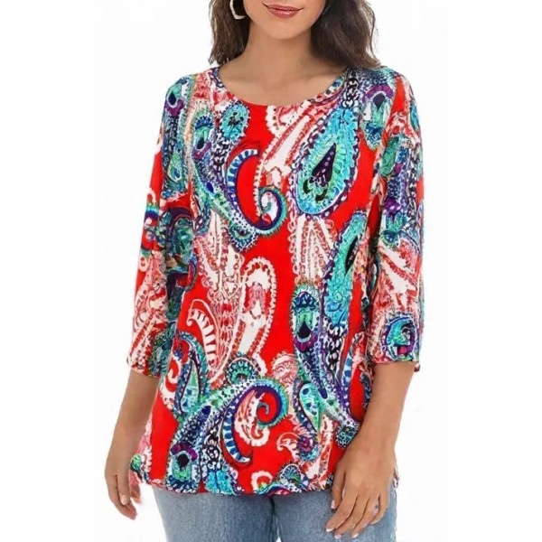 Merrow Top with 3/4 Sleeve, Paisley Print – Coral & Turquoise color - ATP-MT9503