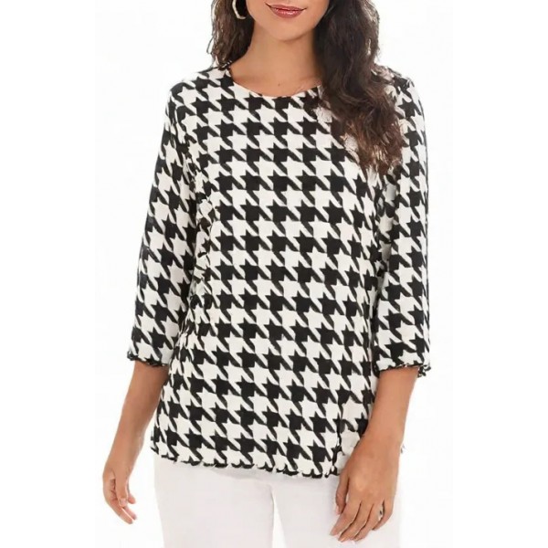 Merrow Top with 3/4 Sleeve, Houndstooth Print – Black & White - ATP-MT9504