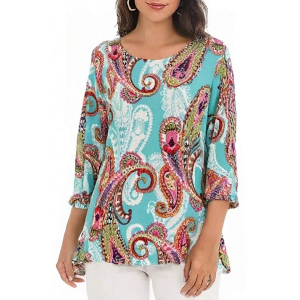 Merrow Top with 3/4 Sleeve, Paisley Print – Turquoise & Pink color - ATP-MT9505