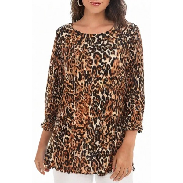 Merrow Top with 3/4 Sleeve, Leopard Print - Brown - ATP-MT9506