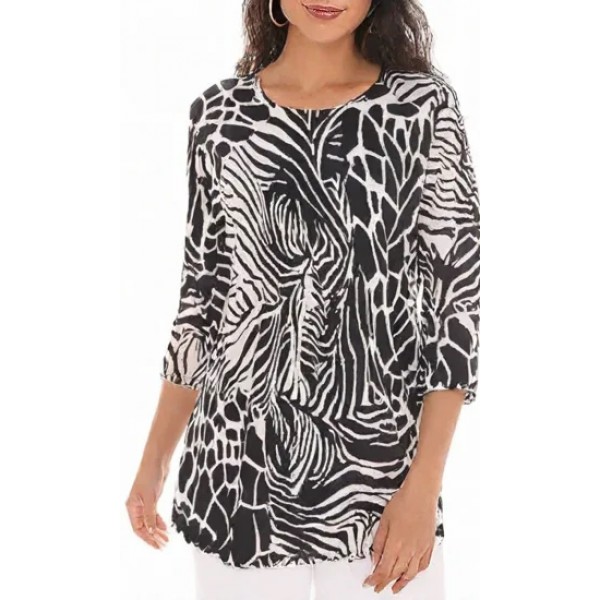 Merrow Top with 3/4 Sleeve, Zebra/Giraffe Print – Black & White - ATP-MT9507