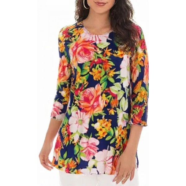 Merrow Top with 3/4 Sleeve,  Floral Print – Navy Blue - ATP-MT9508