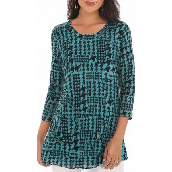 Merrow Top with 3/4 Sleeve, Houndstooth - Aqua - ATP-MT9510