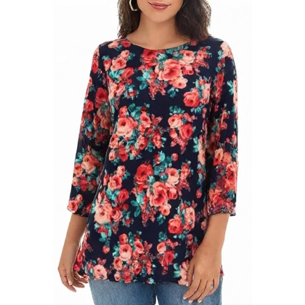 Merrow Top with 3/4 Sleeve, Roses – Navy Blue - ATP-MT9511