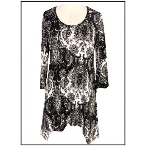 Tunics Tops with 3/4 Sleeves, Paisley Print – Black & White - ATP-TT8701