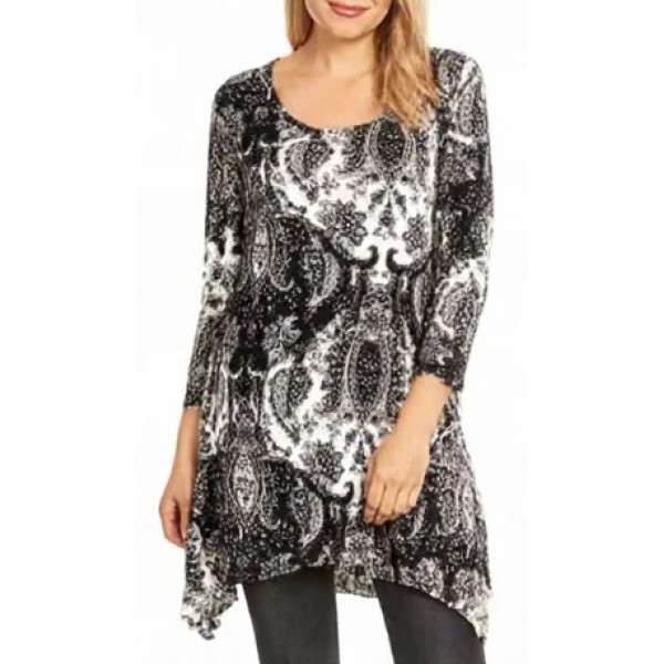Tunic Top Round Neck 3/4 Sleeves, Paisley Print – Black & White - ATP-TT8701