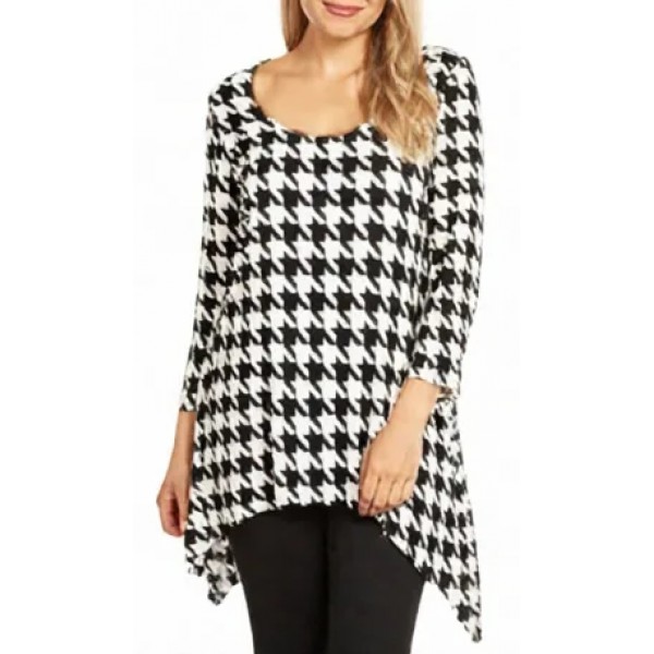 Tunic Top Round Neck 3/4 Sleeves, Houndstooth Print – Black & White- ATP-TT8704