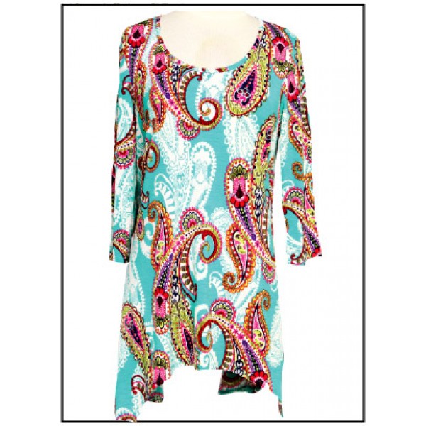Tunics Tops with 3/4 Sleeves, Paisley Print – Turquoise & Pink color - ATP-TT8705