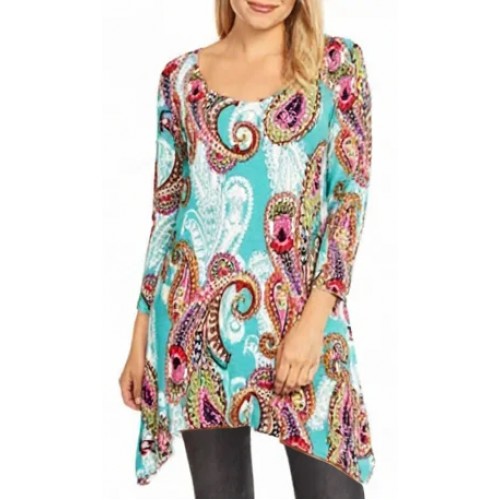 Tunic Top Round Neck 3/4 Sleeves, Paisley Print – Turquoise & Pink color - ATP-TT8705