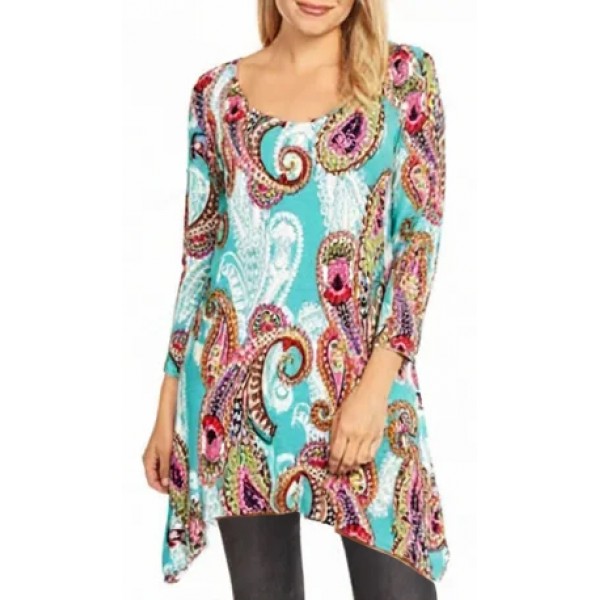 Tunic Top Round Neck 3/4 Sleeves, Paisley Print – Turquoise & Pink color - ATP-TT8705