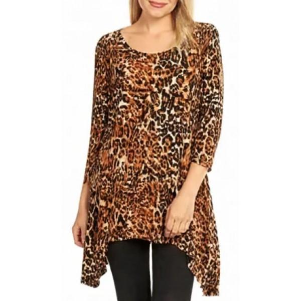 Tunic Top Round Neck 3/4 Sleeves, Leopard Print - Brown - ATP-TT8706
