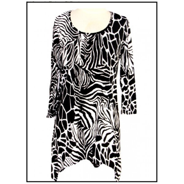 Tunics Tops with 3/4 Sleeves, Zebra/Giraffe Print – Black & White - ATP-TT8707