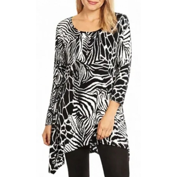 Tunic Top Round Neck 3/4 Sleeves, Zebra/Giraffe Print – Black & White - ATP-TT8707