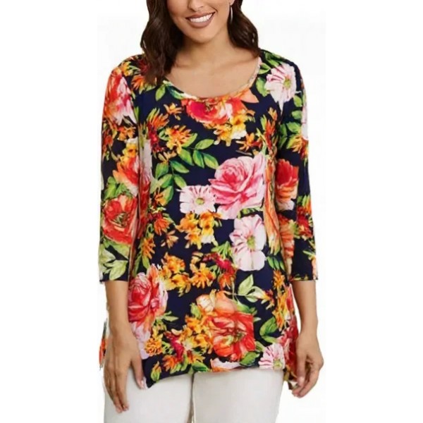 Tunic Top Round Neck 3/4 Sleeves, Floral Print – Navy Blue- ATP-TT8708