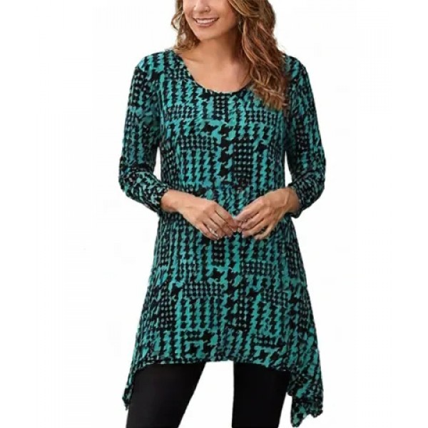 Tunic Top Round Neck 3/4 Sleeves, Houndstooth - Aqua - ATP-TT8710