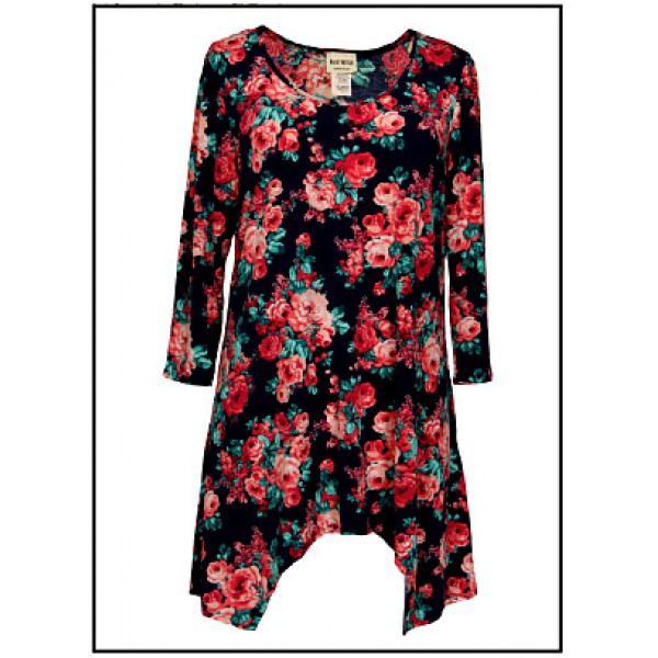 Tunics Tops with 3/4 Sleeves, Roses – Navy Blue - ATP-TT8711