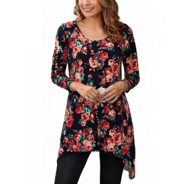 Tunic Top Round Neck 3/4 Sleeves, Roses – Navy Blue - ATP-TT8711