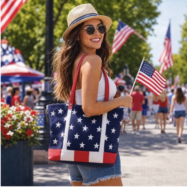 USA Flag Print Canvas Shoulder Tote Bag- BG-US001BL