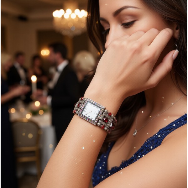 Bracelet Watch - Rhinestones w/ Multi Beaded Stretchable Bracelet - Red - WT-KH11495RD