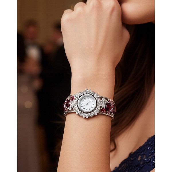 Bracelet Watch - Rhinestone Bangle w/ Hinge - Red - WT-KH9483RD