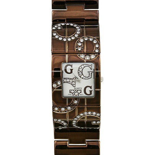 Lady Watch - Metal Wide Band w/ Rhinestone Letter - Brown - WT-L80021BN