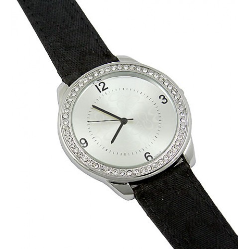 Lady Watch - Monogram Band w/ Rhinestone Accent Frame - Black - WT-L80043CBK