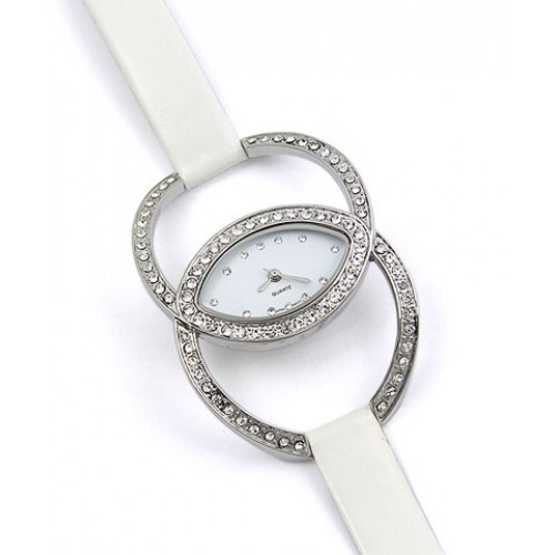 Lady Watch - Rhinestone Dual Circles Frame - White - WT-L80631/WT