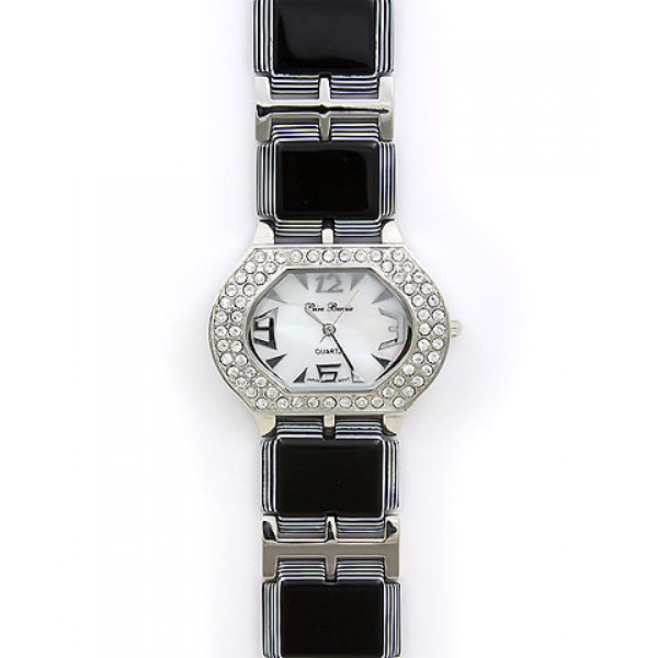 Lady Watch - Acrylic Square Links w/ Multi Lines Design Band - Black- WT-L80656BK