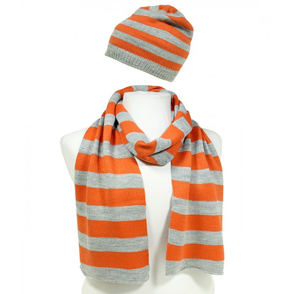 Hat & Scarf Set - Knitted Stripes Set - HTSF-TO103OGGY