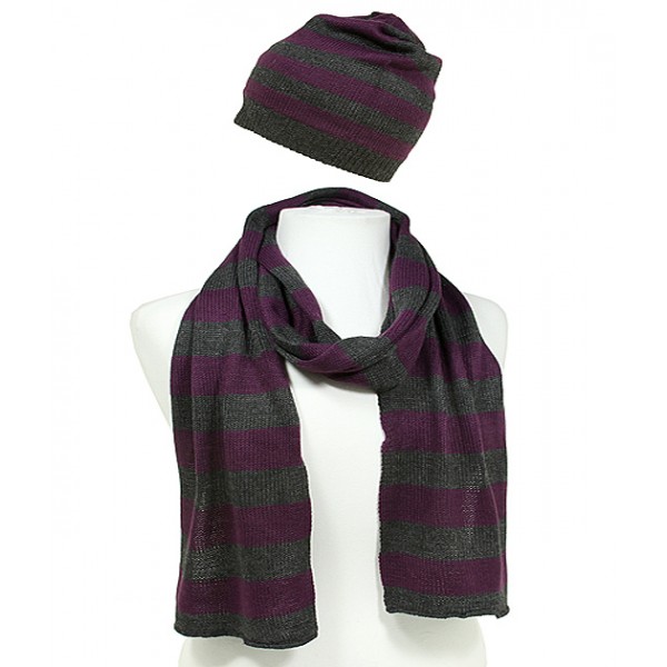 Hat & Scarf Set - Knitted Stripes Set - HTSF-TO103PLGY