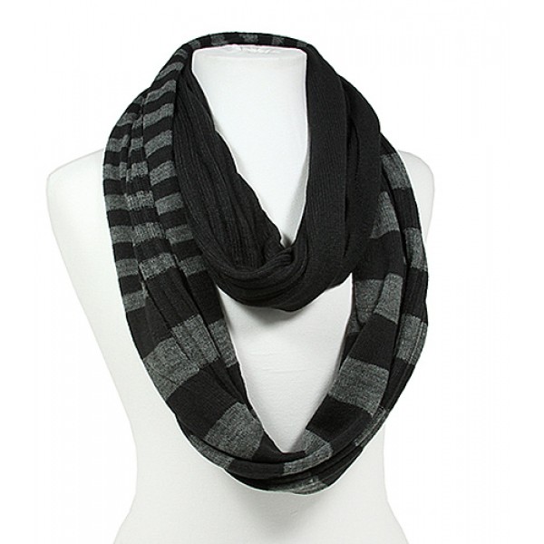 Scarf - Infinity Loop Knitted Stripes - Black - SF-11KS002BK