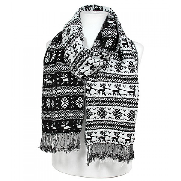 Scarf - Knitted  Reversible Nordic Print w/ Fringes - Black - SF-BL1171BK
