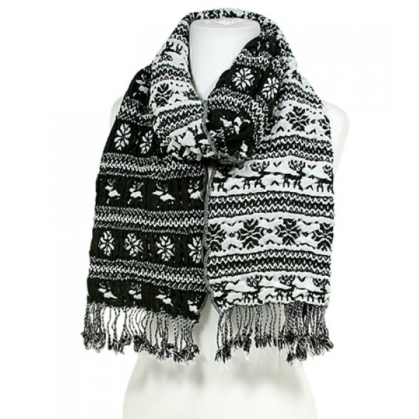 Scarf - Knitted  Reversible Nordic Print w/ Fringes - Green - SF-BL1171GN
