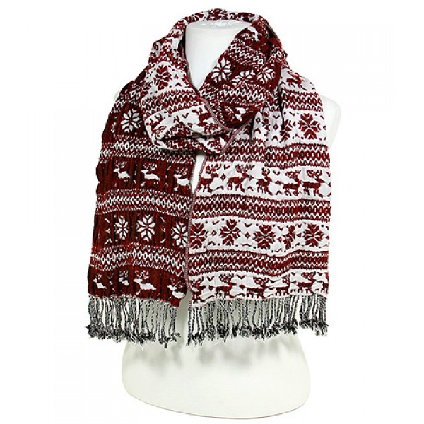 Scarf - Knitted  Reversible Nordic Print w/ Fringes - Wine - SF-BL1171WI
