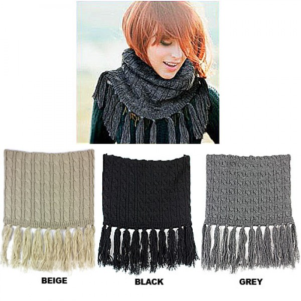 Scarf - Double Layer Cable Knitted With Fringes Neck Warmer - SF-NK35
