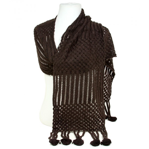 Scarf - Crochet w/Dangling Pompoms Scarf - Brown Color - SF-S1278BN
