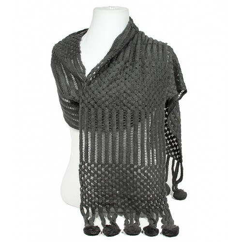 Scarf - Crochet w/Dangling Pompoms Scarf - Dark Gray Color - SF-S1278DGY
