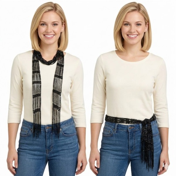 2-in-1 Beaded Crochet Sash Scarf and Belt - Black - SF-SFS119001