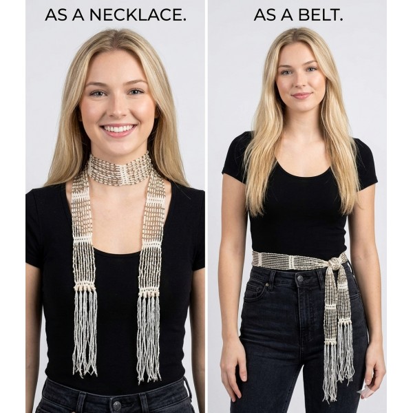 2-in-1 Beaded Crochet Sash Scarf and Belt  - Ivory Color - SF-SFS119002