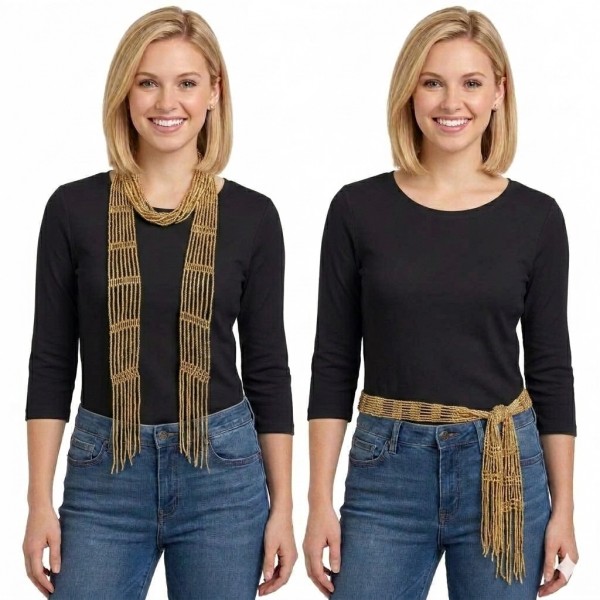 2-in-1 Beaded Crochet Sash Scarf and Belt - Tan Color - SF-SFS119007