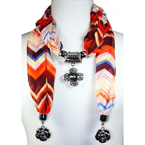 Scarf - Zig-Zag Print W/ Flower Metal Charm - SF-FSC068ORBR