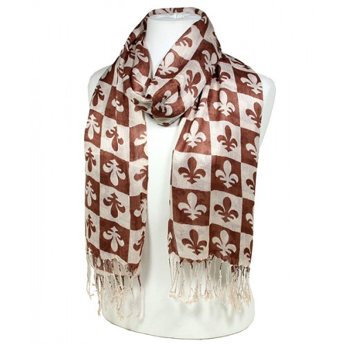 Scarf - Fleur De Lis In Checkers Print - Brown  Color (S1072) - SF-SHL1606BN
