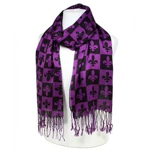 Scarf - Fleur De Lis In Checkers Print - Dark Purple Color (S1072) - SF-SHL1606DPL