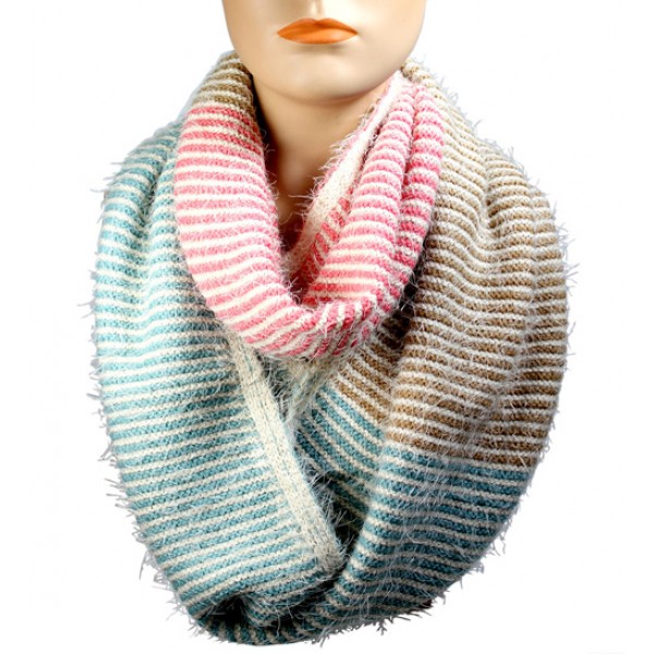 Infinity Scarf - Multi Color Stripes - Camel/Coral/Turquoise  - SF-16832CACORTR
