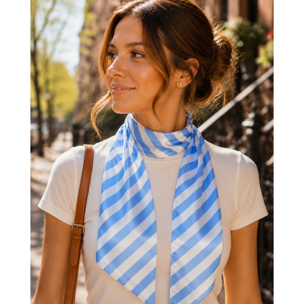 Blue Striped Silky Fashion Sash Scarf - Stripes Print - Sky Blue - SF-CFB201.04